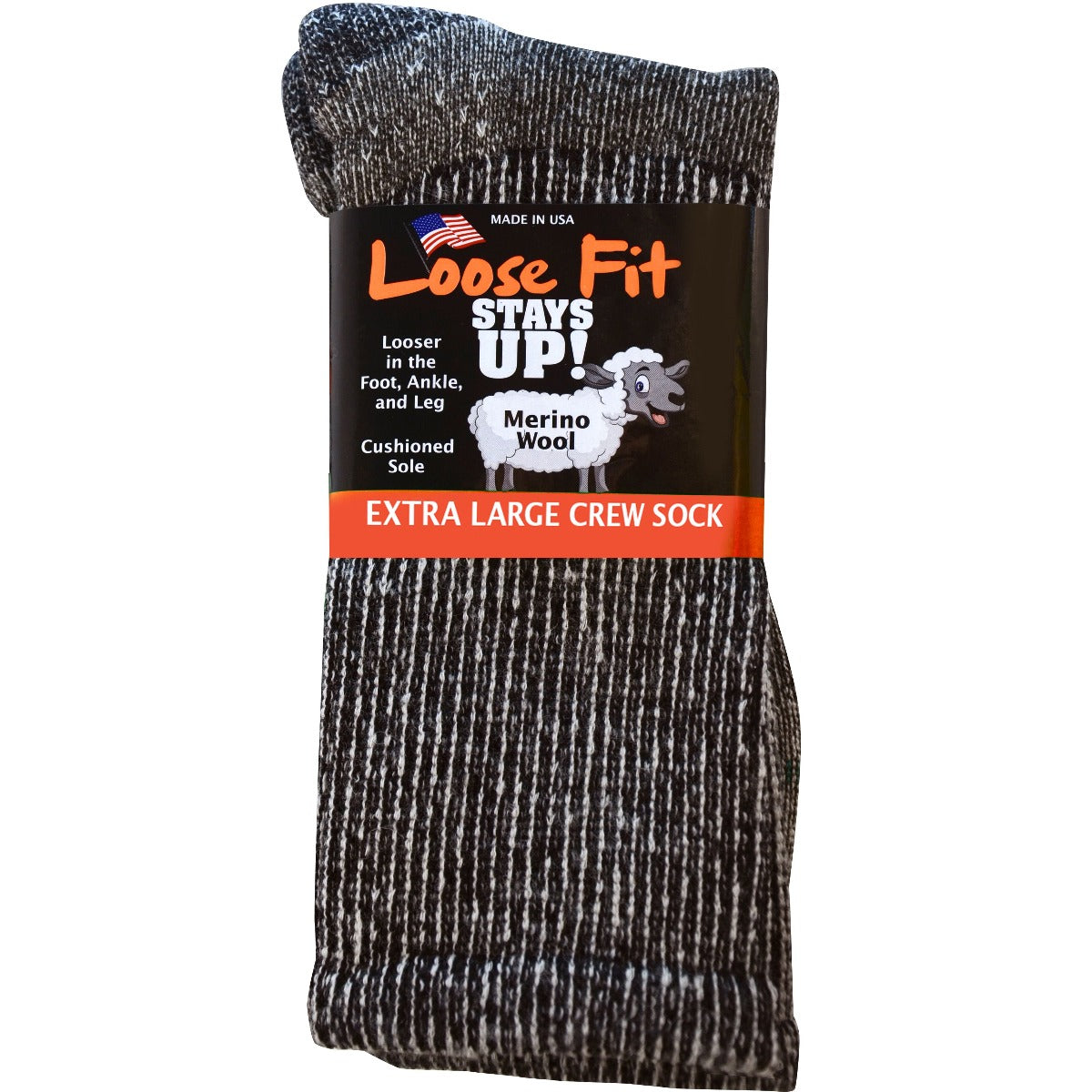 Loose Fit Stays Up! Black Crew Socks to 5E - 3pack