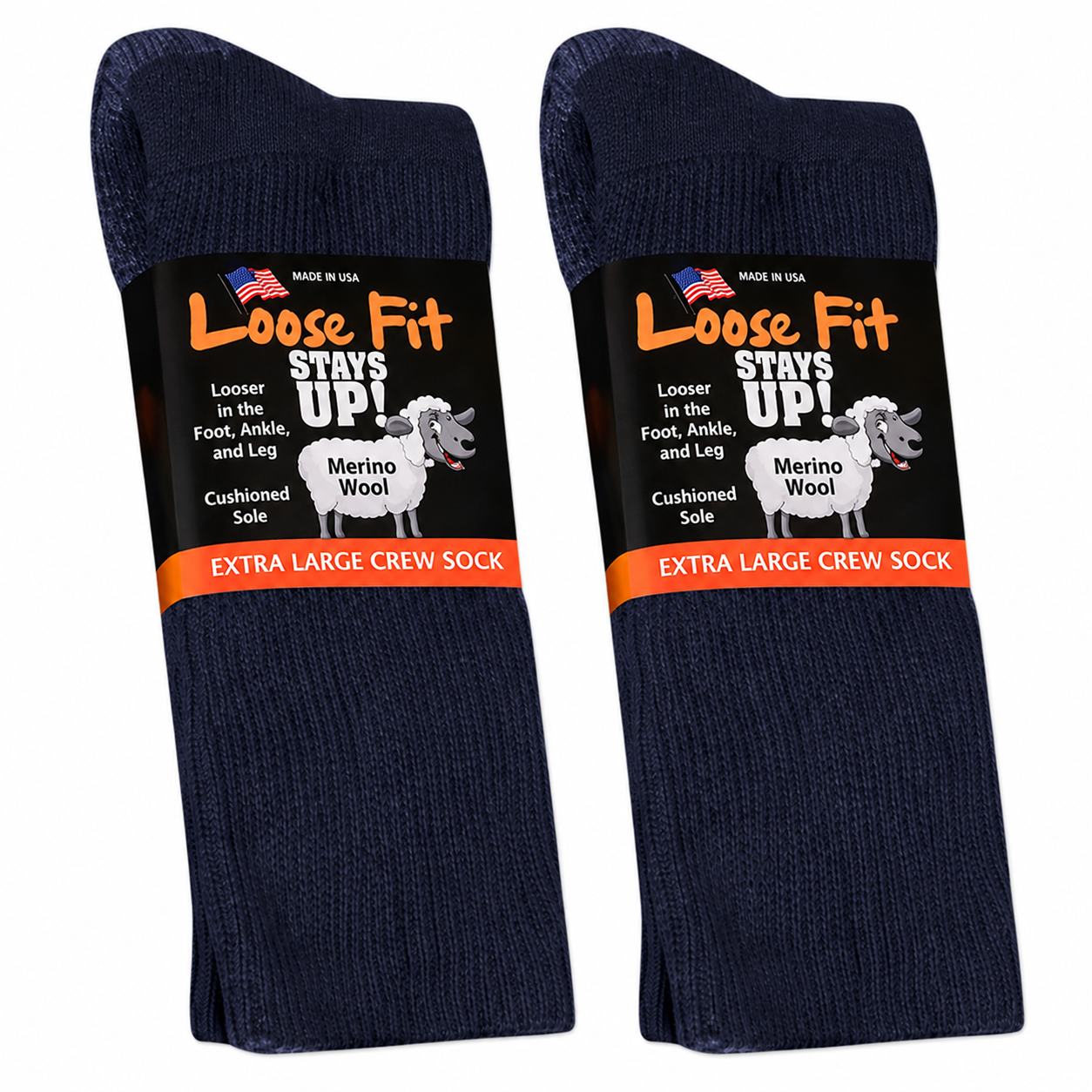 Merino Wool Loose Fit Stays Up! Crew Socks to EEEEE - Navy With Grey Sole - 2pack