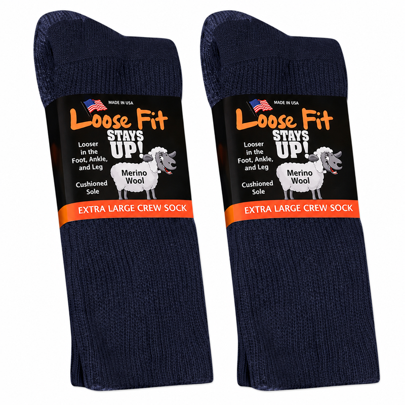 Merino Wool Loose Fit Stays Up! Crew Socks to EEEEE - Navy With Grey Sole - 2pack