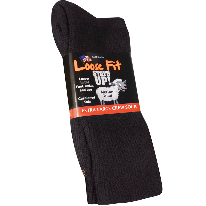 Loose Fit Solid Merino Wool Crew Socks to EEEEE - Black - Single Pair