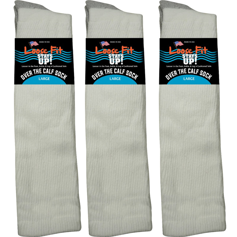 Loose Fit White Over the Calf Socks to EEEEE - 3pack