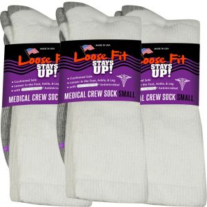 Loose Fit Stays Up! White Medical Crew Socks to EEEEE - 3pack