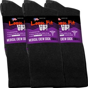 Loose Fit Stays Up! Black Medical Crew Socks to EEEEE - 3pack