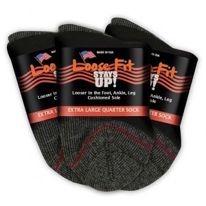 Loose Fit Stays Up! Black Quarter Socks to EEEEE - 3pack