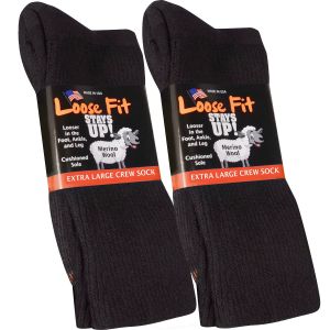 Loose Fit Solid Merino Wool Crew Socks to EEEEE - Black - 2 pack