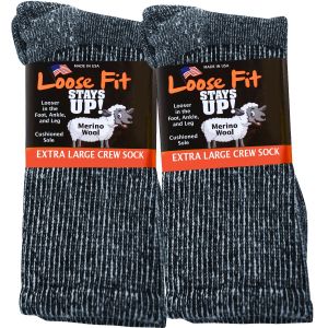 Loose Fit Stays Up! Black Crew Socks to 5E - 3pack