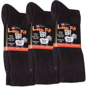 Merino Wool Loose Fit Stays Up! Crew Socks to EEEEE - Black - 3-pack
