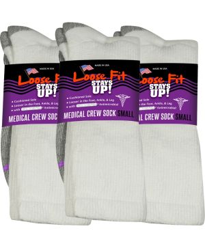 Loose Fit Stays Up! White Medical Crew Socks to EEEEE - 3pack
