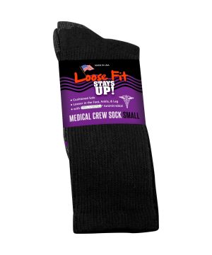 Loose Fit Stays Up! Black Medical Crew Socks to EEEEE - Single Pair