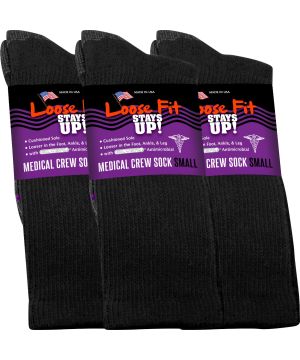 Loose Fit Stays Up! Black Medical Crew Socks to EEEEE - 3pack