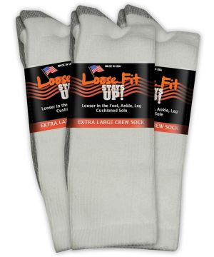 Loose Fit Stays Up! White Crew Socks to EEEEE - 3pack