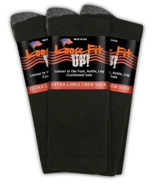 Loose Fit Stays Up! Black Crew Socks to 5E - 3pack
