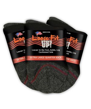 Loose Fit Stays Up! Black Quarter Socks to EEEEE - 3pack