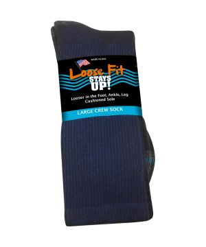 Loose Fit Stays Up! Navy Crew Socks to EEEEE - Single Pair