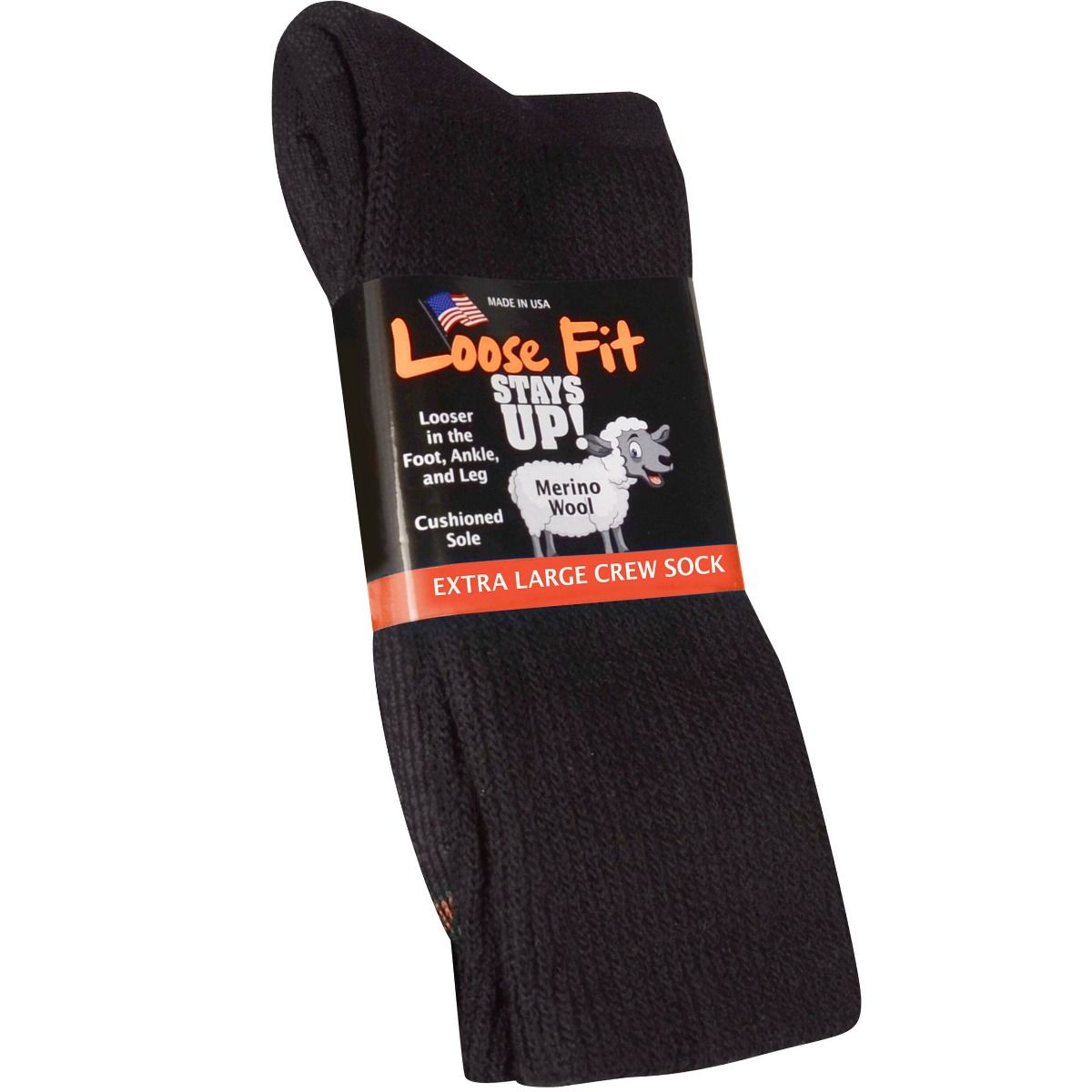 Hurricane girl Assets Loose Fit Solid Merino Wool Crew Socks to EEEEE - Black - Single Pair | Xl  Feet